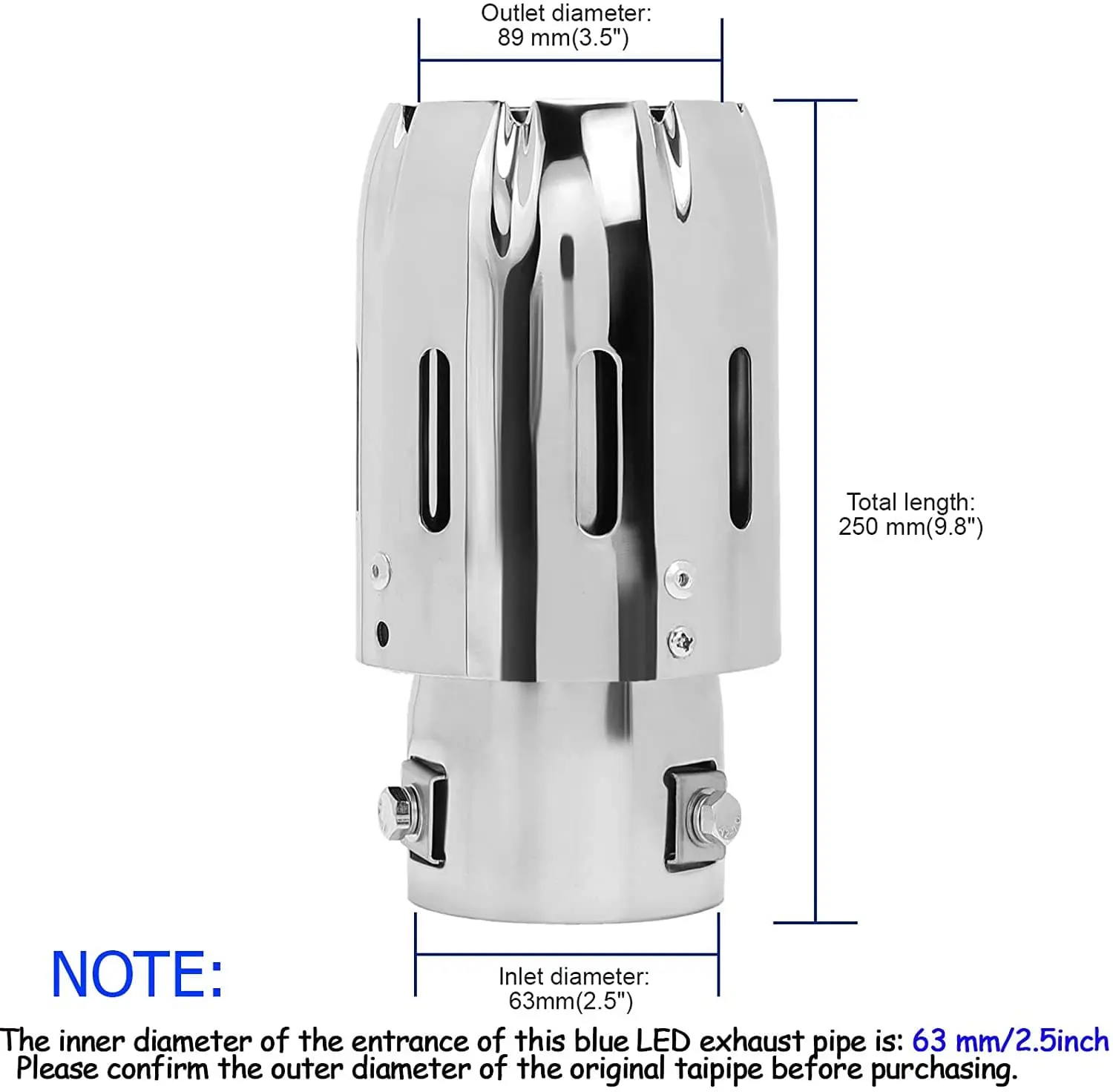 SPELAB 2.5'' 63mm Exhaust Tips Stainless Steel Muffler Car Exhaust Tail Pipe Modification Luminous Tube With Blue Flame LED light - Image 3