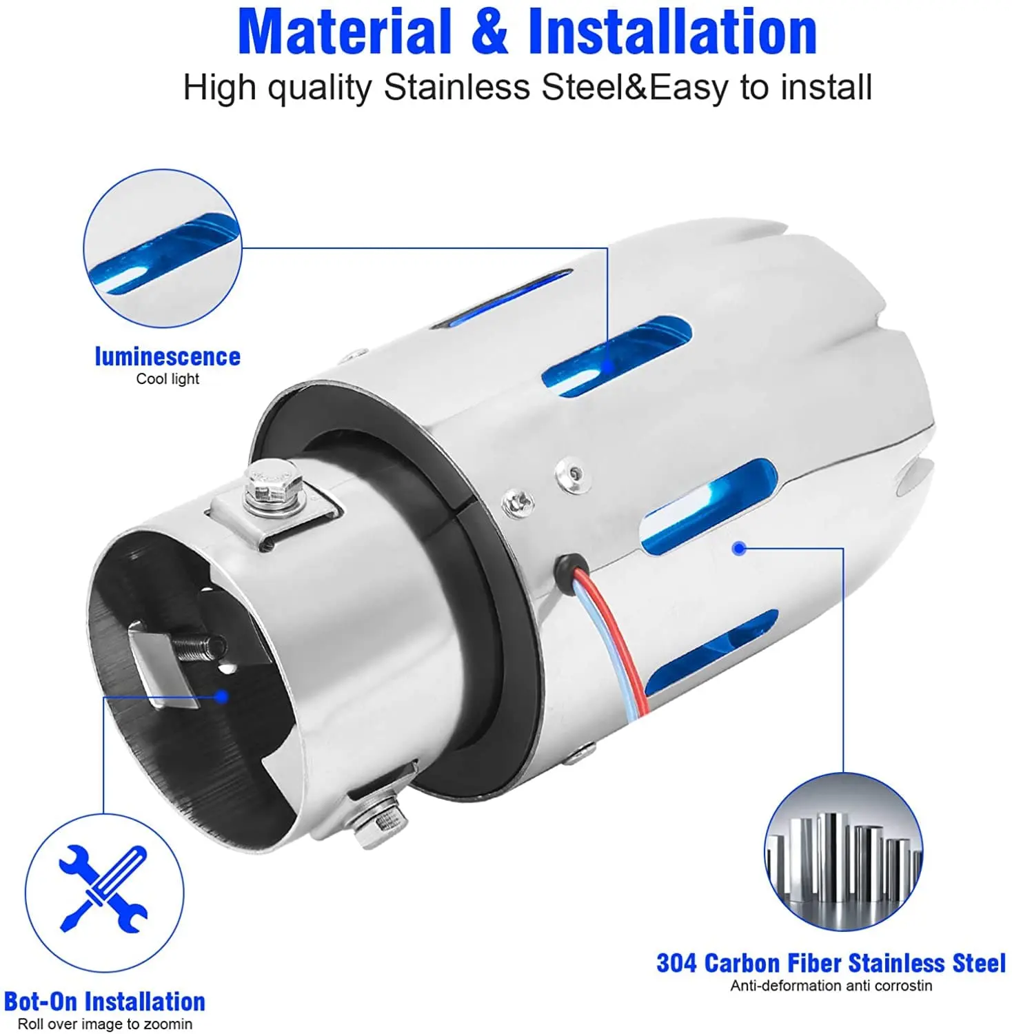 SPELAB 2.5'' 63mm Exhaust Tips Stainless Steel Muffler Car Exhaust Tail Pipe Modification Luminous Tube With Blue Flame LED light - Image 7